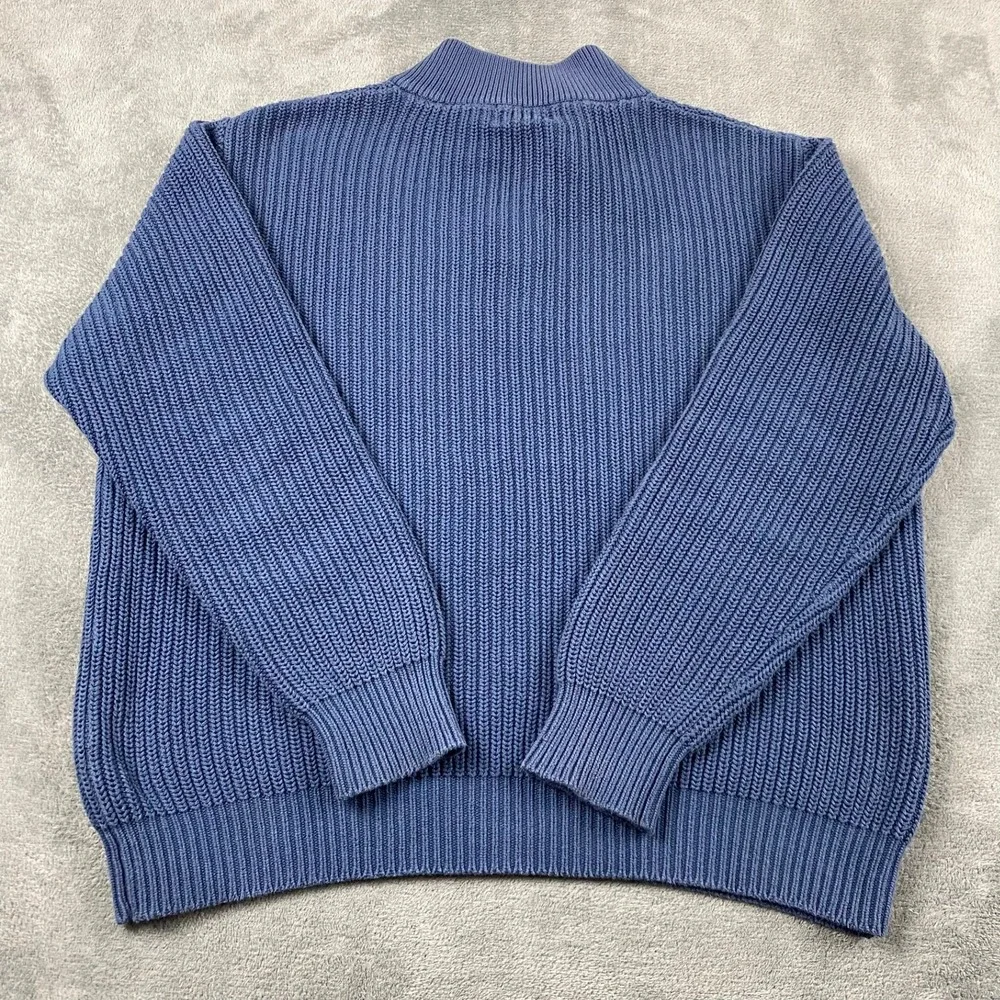 Vtg LL Bean Mens L Sweater Blue Cotton Shaker Stitch Mock Neck Quarter Button